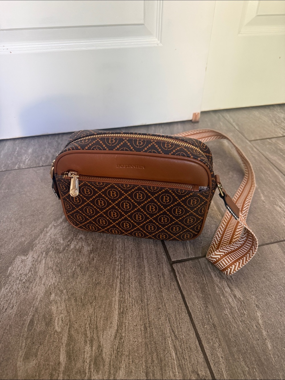 Bostonian Brown Logo Crossbody Belt Bag with Tan Accents